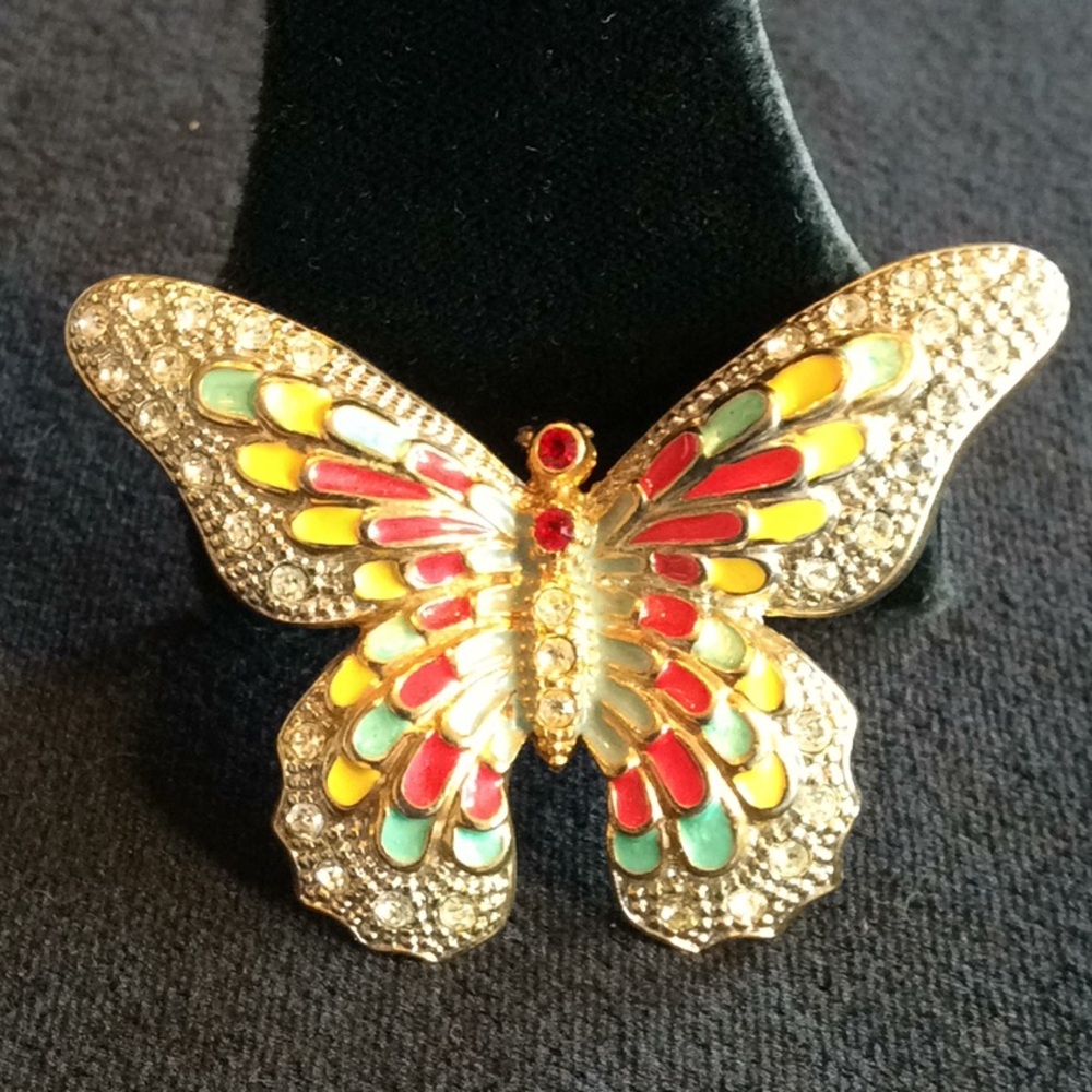 Vintage New Enamel & Crystal Butterfly Brooch